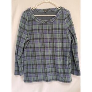 Talbots Women's Dark Green & Blue Plaid‎ Long Sleeve Top L 100% Cotton